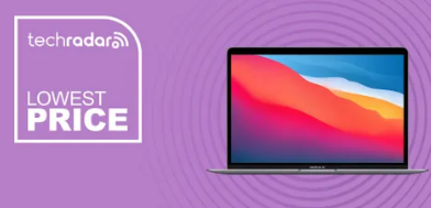 AppleMacBookAirM1紫色背景带有最低价格文本覆盖